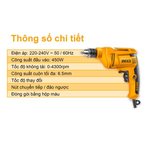 Máy khoan 450W đầu kẹp 6.5mm Ingco ED4508 Chính Hãng 2