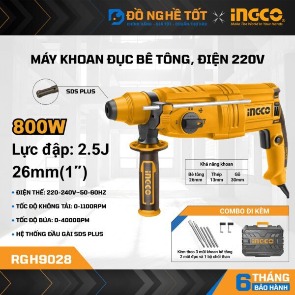 Thanh Lý Máy khoan bê tông 800W Đã cắt dây để kiểm định, Ingco RGH9028 Chính Hãng 8 Máy khoan bê tông 800W Ingco RGH9028 01
