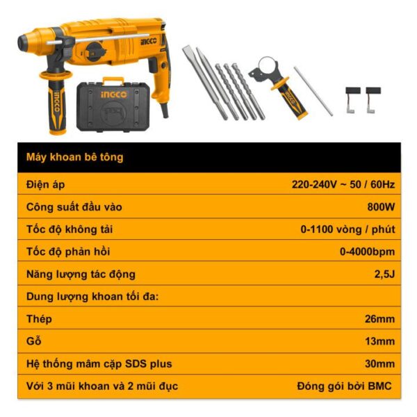 Thanh Lý Máy khoan bê tông 800W Đã cắt dây để kiểm định, Ingco RGH9028 Chính Hãng 9 May khoan be tong 800W RGH9028 INGCO 4