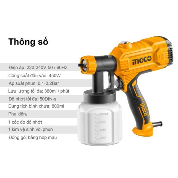 May phun son dung dien 450W INGCO binh chua 800ml luu luong toi da 380ml phut 50DIN s SPG3508 5
