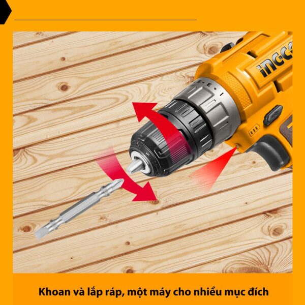 May khoan pin INGCO 12V CDLI12202 Mo men xoan 20Nm dau kep 0 8 10mm siet vit khoan go kim loai 2 pin 1 sac va hop nhua 10