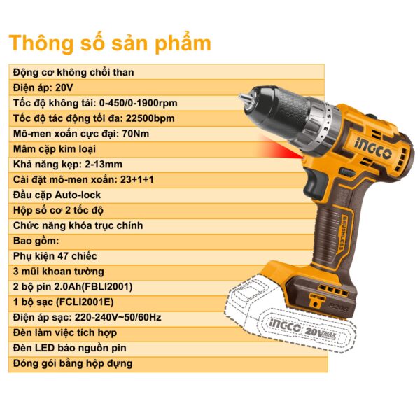 May khoan pin INGCO CIDLI20605 3 chuc nang co bua Mo men xoan cuc dai 70Nm 22500bpm dau kep 2 13mm motor khong choi than 2