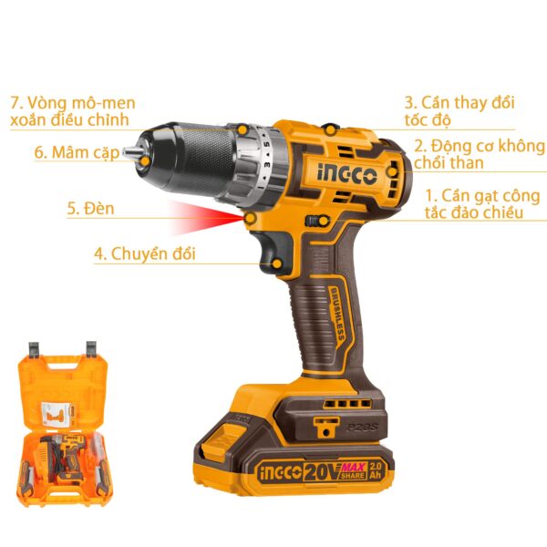 May khoan pin INGCO CIDLI20605 3 chuc nang co bua Mo men xoan cuc dai 70Nm 22500bpm dau kep 2 13mm motor khong choi than 3