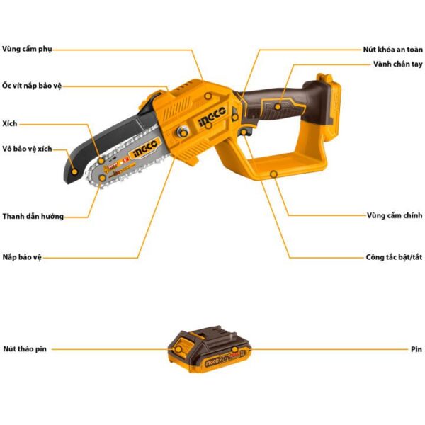 Máy cưa xích pin 20V Ingco CGSLI2058 Chính Hãng, Giá Rẻ ( Chưa kèm pin & Sạc) 5
