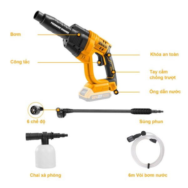 Máy rửa xe pin 20V Ingco CPWLI2008 Chính Hãng, Giá Rẻ Nhất 6 Máy rửa xe dùng pin 20V INGCO CPWLI2008