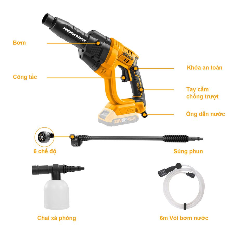 Máy rửa xe pin 20V Ingco CPWLI2008 Chính Hãng, Giá Rẻ Nhất 2 Máy rửa xe dùng pin 20V INGCO CPWLI2008