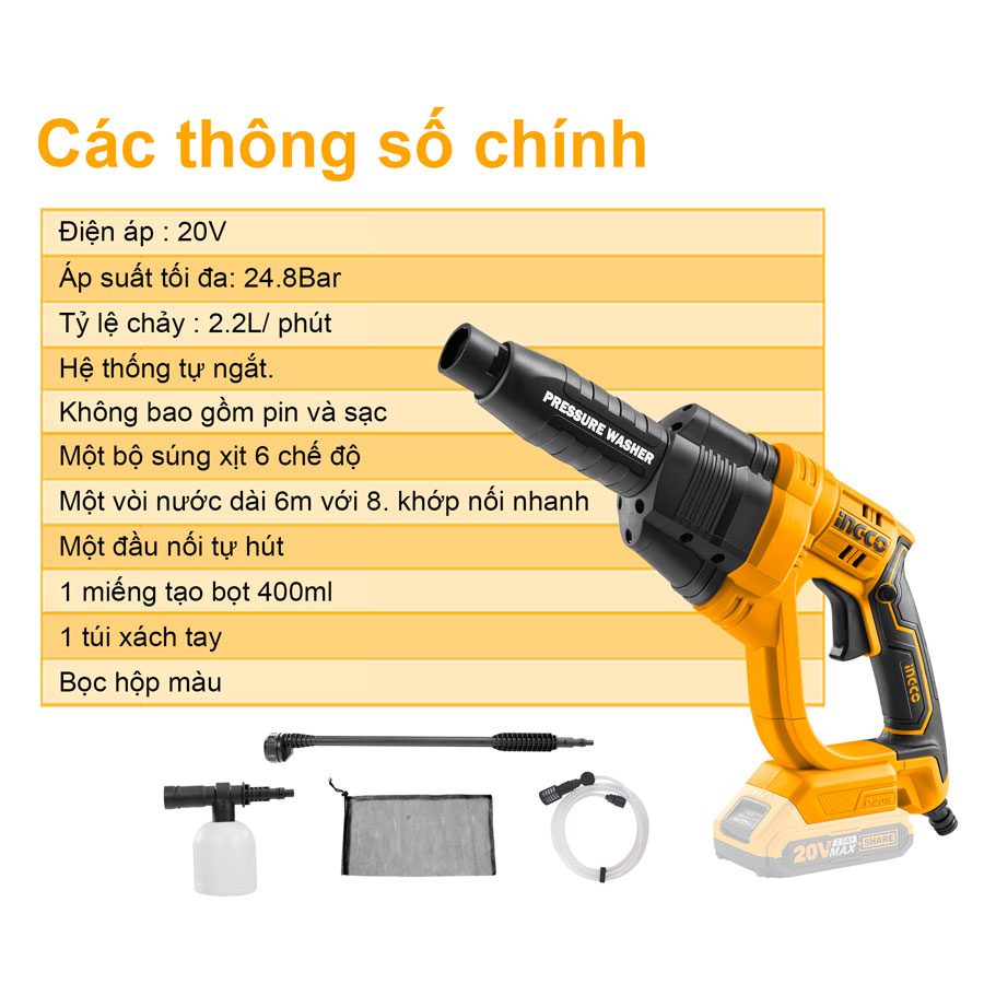 Máy rửa xe pin 20V Ingco CPWLI2008 Chính Hãng, Giá Rẻ Nhất 3 Máy rửa xe dùng pin 20V INGCO CPWLI2008