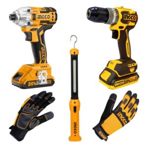 Bộ Combo Ingco BTCB202409 Chính Hãng - Máy siết vít 20V + Khoan 20V + Đèn + Găng tay