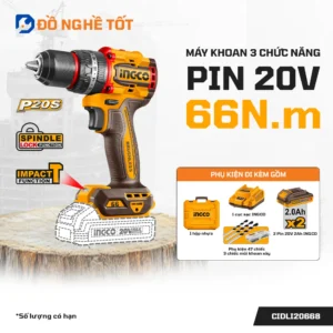 Máy khoan búa pin 20V 66Nm Ingco CIDLI20668 Mạnh Mẽ