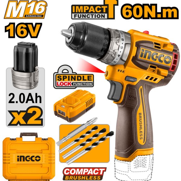 Máy khoan 3 chức năng có búa motor không chổi than hệ pin 16V Ingco CIDLI16682