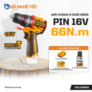 Máy Khoan 16V 3 Chức Năng 66Nm Ingco CIDLI166062 Chính Hãng (Bản nâng cấp)
