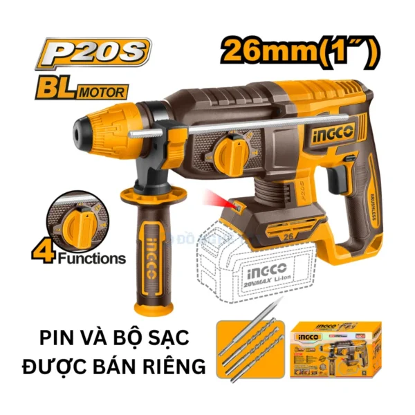 Máy Khoan Đục Bê Tông 2.5J Pin 20V Ingco CRHLI20268 Chính Hãng (Thân Máy) 02