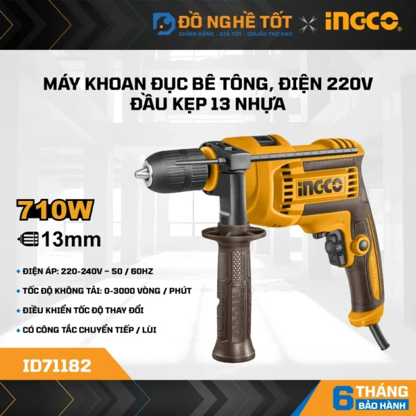 Máy Khoan Búa 710W Đầu Kẹp nhựa 13mm Ingco ID71182 e