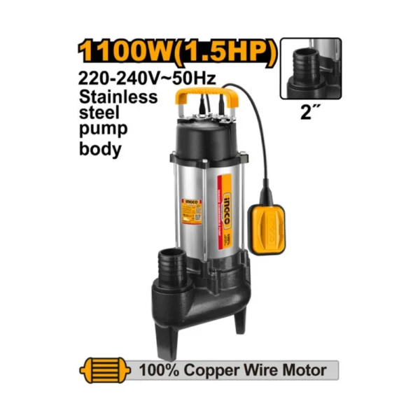 Máy Bơm Chìm Nước Thải Inox 1100W (1.5HP) Ingco SPDS110068, Giá Tốt 01