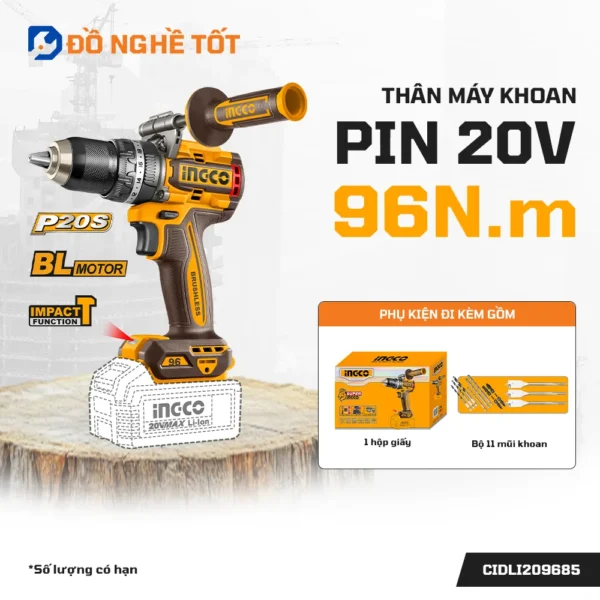 Thân Máy Khoan Pin 3 Chức Năng 20V 96Nm Ingco CIDLI209685 Giá Rẻ
