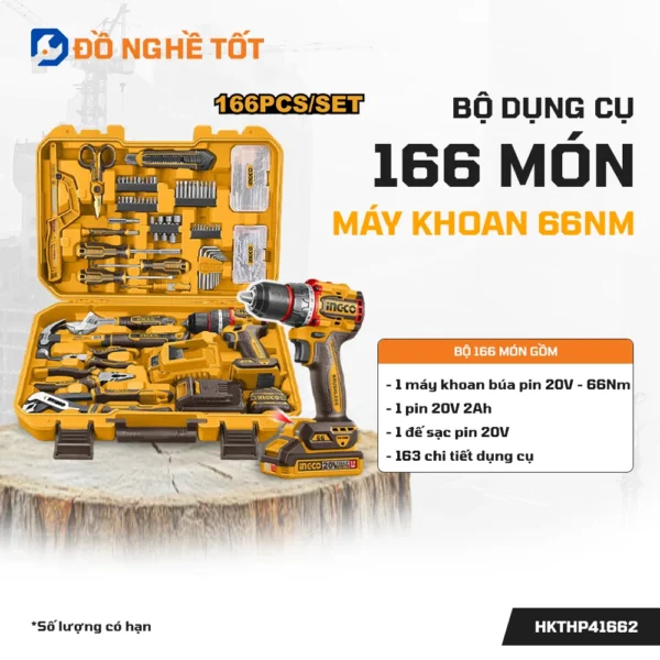 Bộ dụng cụ 166 món kèm máy khoan búa pin 20V 66Nm Ingco HKTHP41662 Chính Hãng