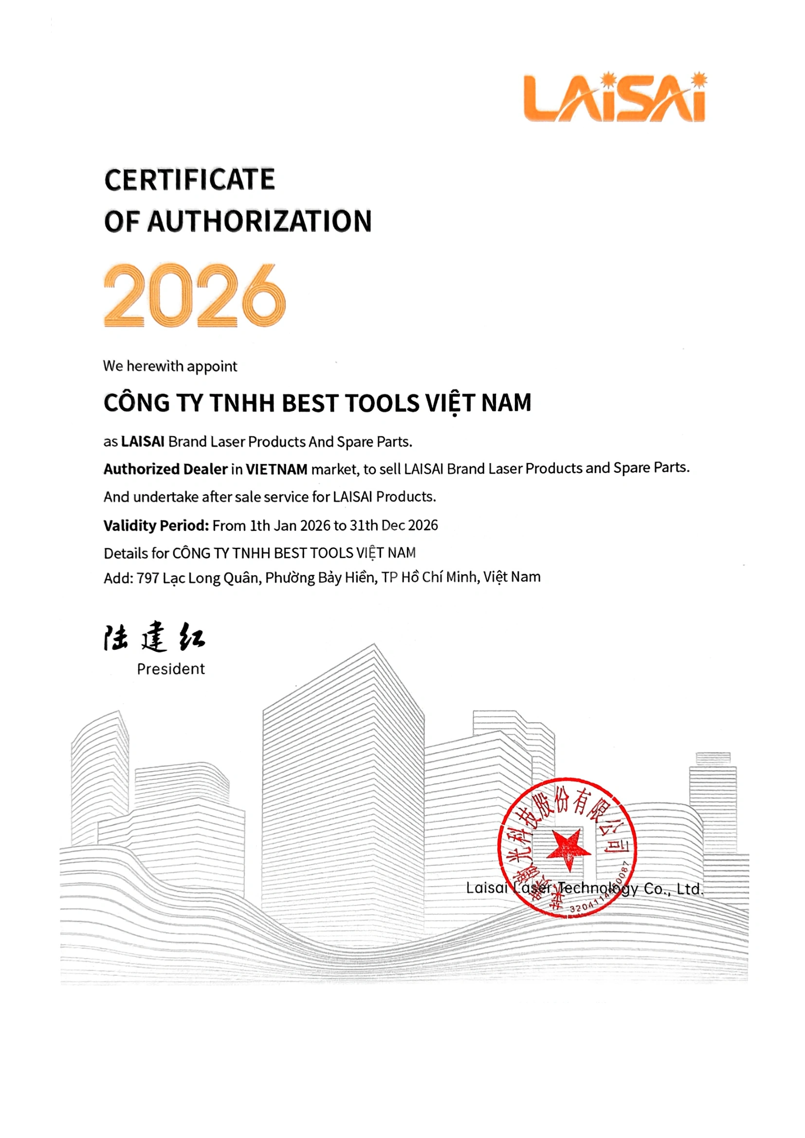 Giấy uỷ quyền của Laisai cho CÔNG TY TNHH BEST TOOLS VIỆT NAM ĐỒ Nghề Tốt -1