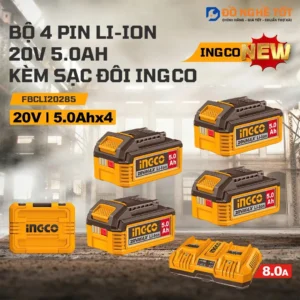 Bộ combo 4 pin 20V 5.0Ah kèm sạc nhanh đôi INGCO FBCLI20285, Chính Hãng, Giá Tốt
