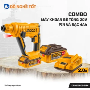 Combo Máy Khoan Bê Tông Pin 20V CRHLI1601 Kèm Pin 4.0Ah Và Sạc Ingco Chính Hãng, Giá Tốt