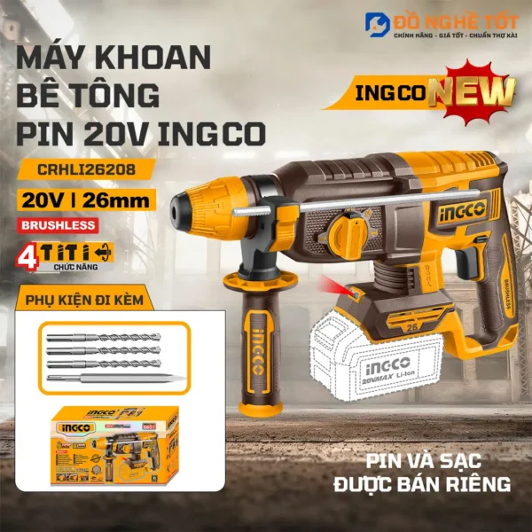 Thân máy khoan bê tông pin 20V, 2.5J, SDS Plus INGCO CRHLI26208, Chính Hãng, Giá Tốt