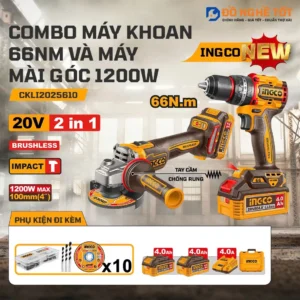 Combo máy mài góc 100mm 1200W và máy khoan 3 chức năng 66Nm pin 20V INGCO CKLI2025610, Chính Hãng, Giá Tốt