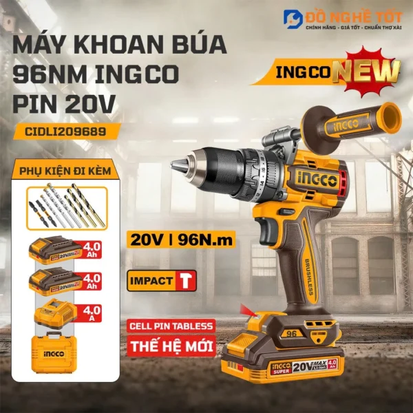Máy khoan 3 chức năng 20V, 96Nm, Kẹp 13mm INGCO CIDLI209689 - Bản Nâng Cấp, Giá Tốt
